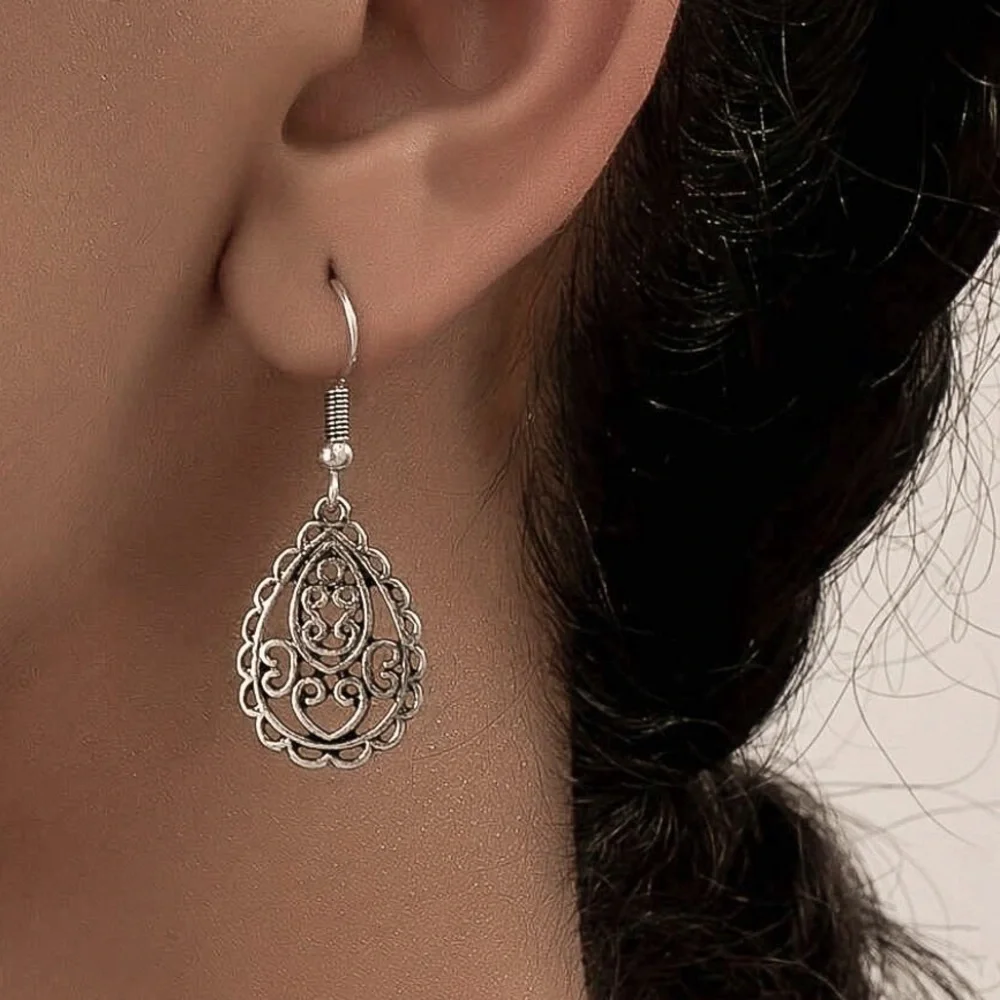 Silver Lacy Teardrop Boho Drop Earrings - Picture 1 of 3